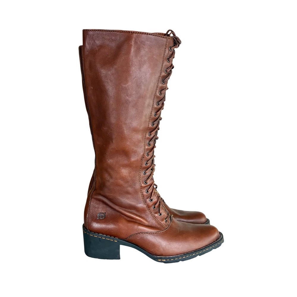 Born Knee High Boots Sz 6 Genuine Leather Lace Up Riding Tall Brown Chunky Boho